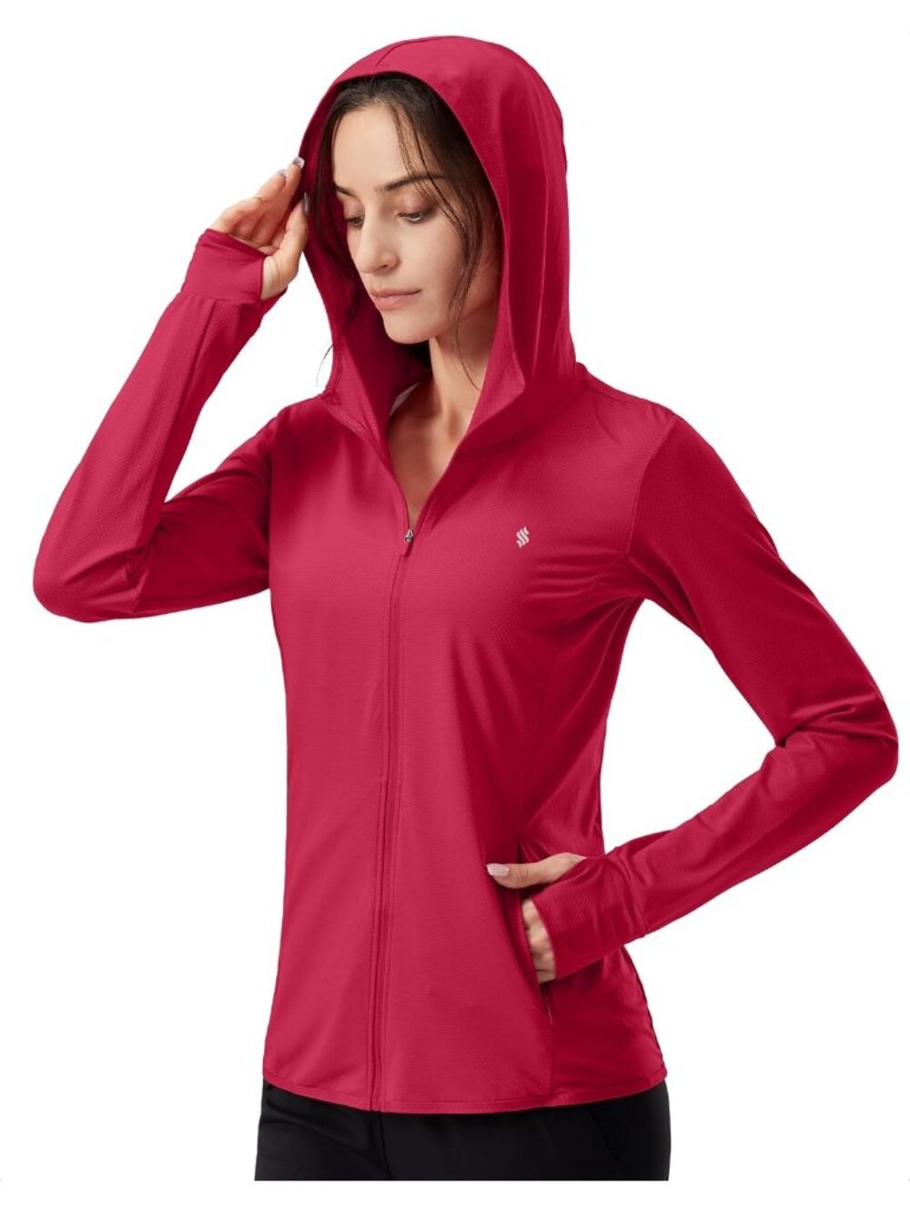 Women Red Hoodie Thumbhole Long Sleeve Pockets Inner Pockets Full ZIP Jacket
